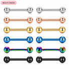 A 12-piece multi-pack of barbell stud earrings shown in various finishes: silver, rose gold, yellow gold, blue, iridescent rainbow, and black. Each pair consists of a straight bar with two polished spherical beads at the ends.