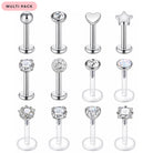 Twelve silver-toned labret piercing studs arranged in a 3x4 grid on a white background, with a pink 'MULTI PACK' label in the top-left corner. The studs feature various flatback designs including round, heart, star, floral, and clear gemstone settings.