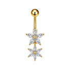 A gold-plated belly button ring featuring two dangling flower charms set with clear marquise-cut rhinestones, shown on a plain white background.
