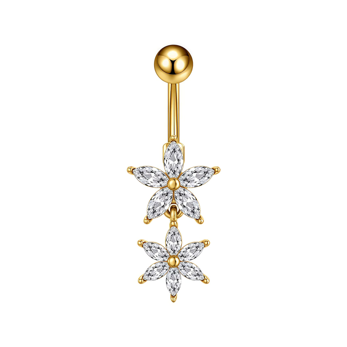 A gold-plated belly button ring featuring two dangling flower charms set with clear marquise-cut rhinestones, shown on a plain white background.