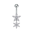 A silver-toned belly button ring featuring two dangling flower charms set with clear marquise-cut stones, shown against a plain white background.