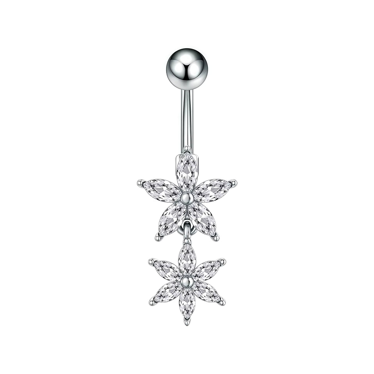 A silver-toned belly button ring featuring two dangling flower charms set with clear marquise-cut stones, shown against a plain white background.