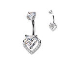 Heart-shaped belly button ring and matching earrings on a white background
