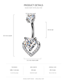 Product details diagram for a double heart crystal belly bar, showing a silver curved barbell with two heart-shaped clear crystals and dimension labels including 25.5 mm overall, 10 mm bar length, and 11.