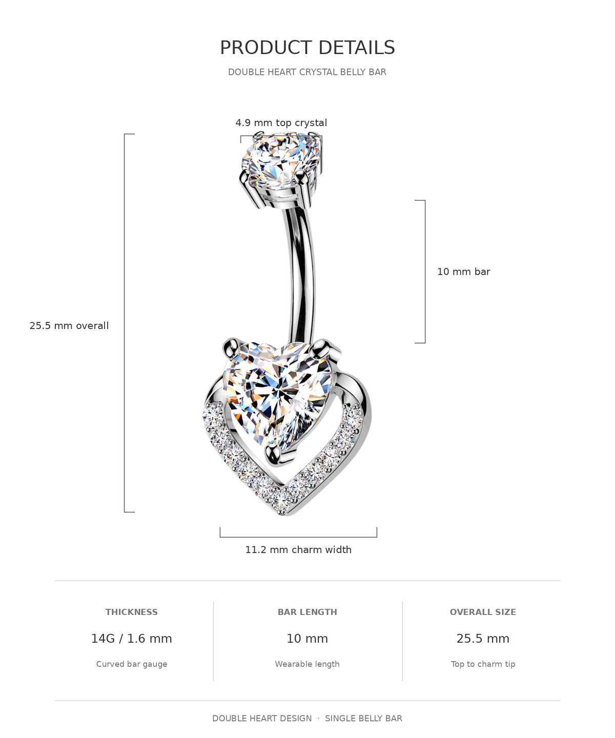 Product details diagram for a double heart crystal belly bar, showing a silver curved barbell with two heart-shaped clear crystals and dimension labels including 25.5 mm overall, 10 mm bar length, and 11.