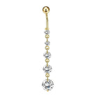 Gold 14G Five Crystal Cascade Belly Bar with cubic zirconia crystals