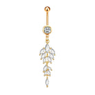 A gold-plated belly button ring featuring a single round clear gemstone and a dangling leaf-shaped cluster of clear marquise and teardrop gemstones, shown against a plain white background.