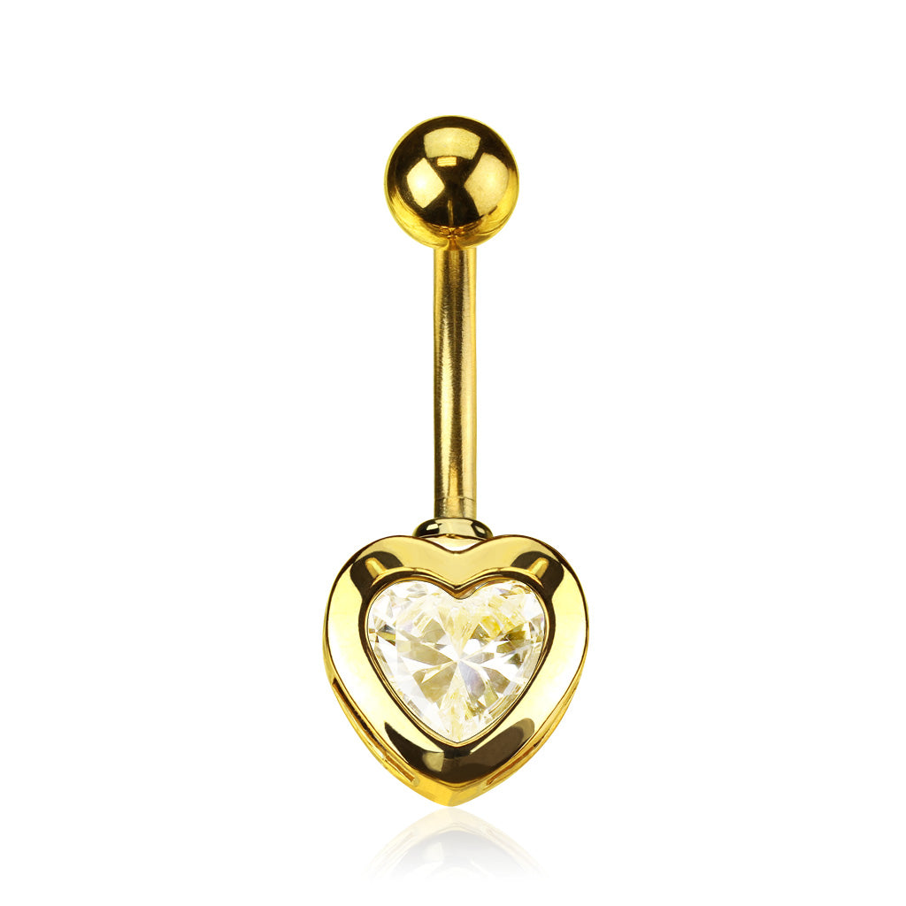 Gold belly button ring with a heart-shaped gem on a white background