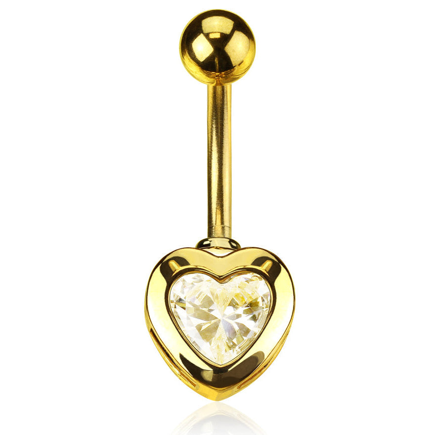 Gold belly button ring with a heart-shaped gem on a white background