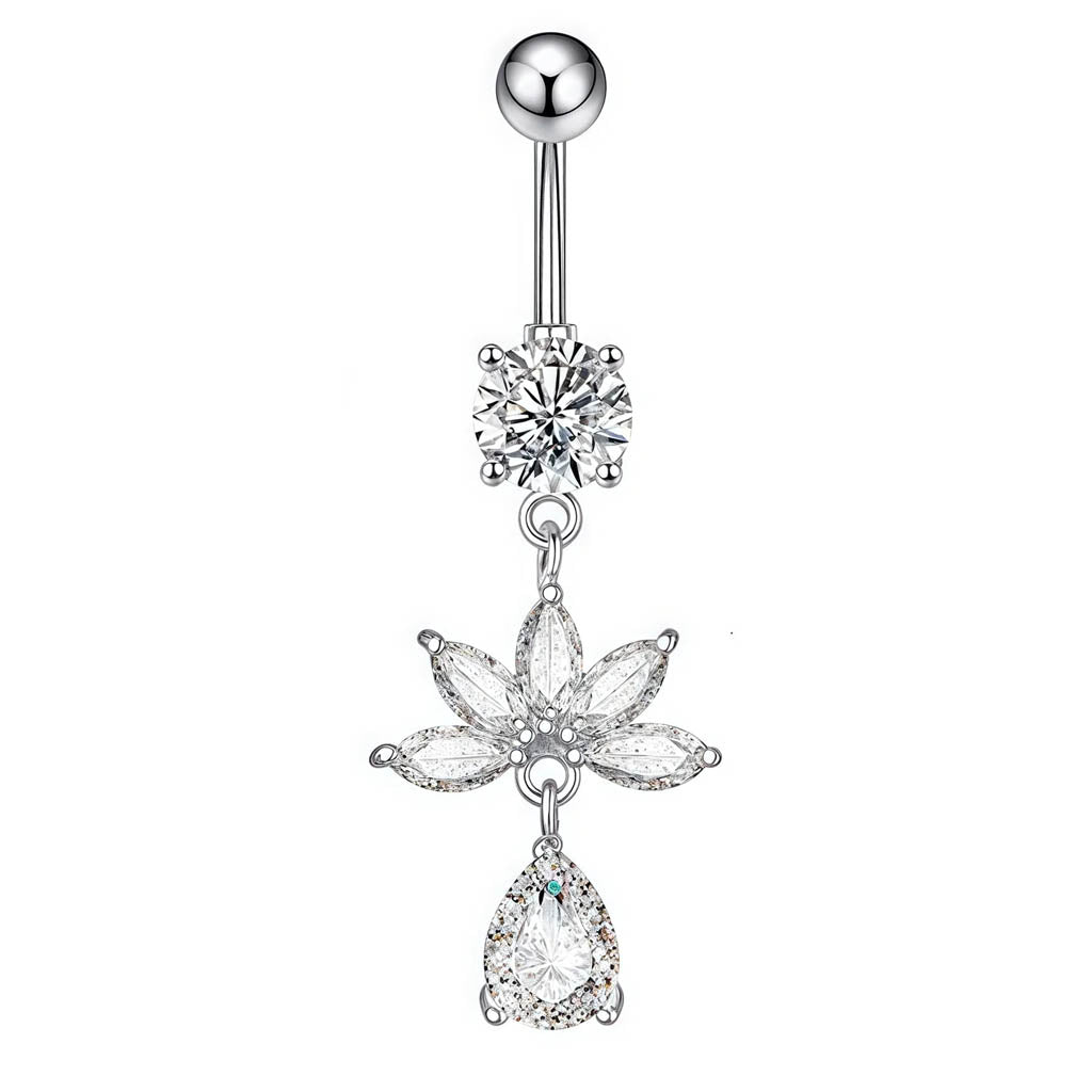 A silver-toned belly button ring with a dangling flower and teardrop design, embellished with clear rhinestones, shown against a plain white background.