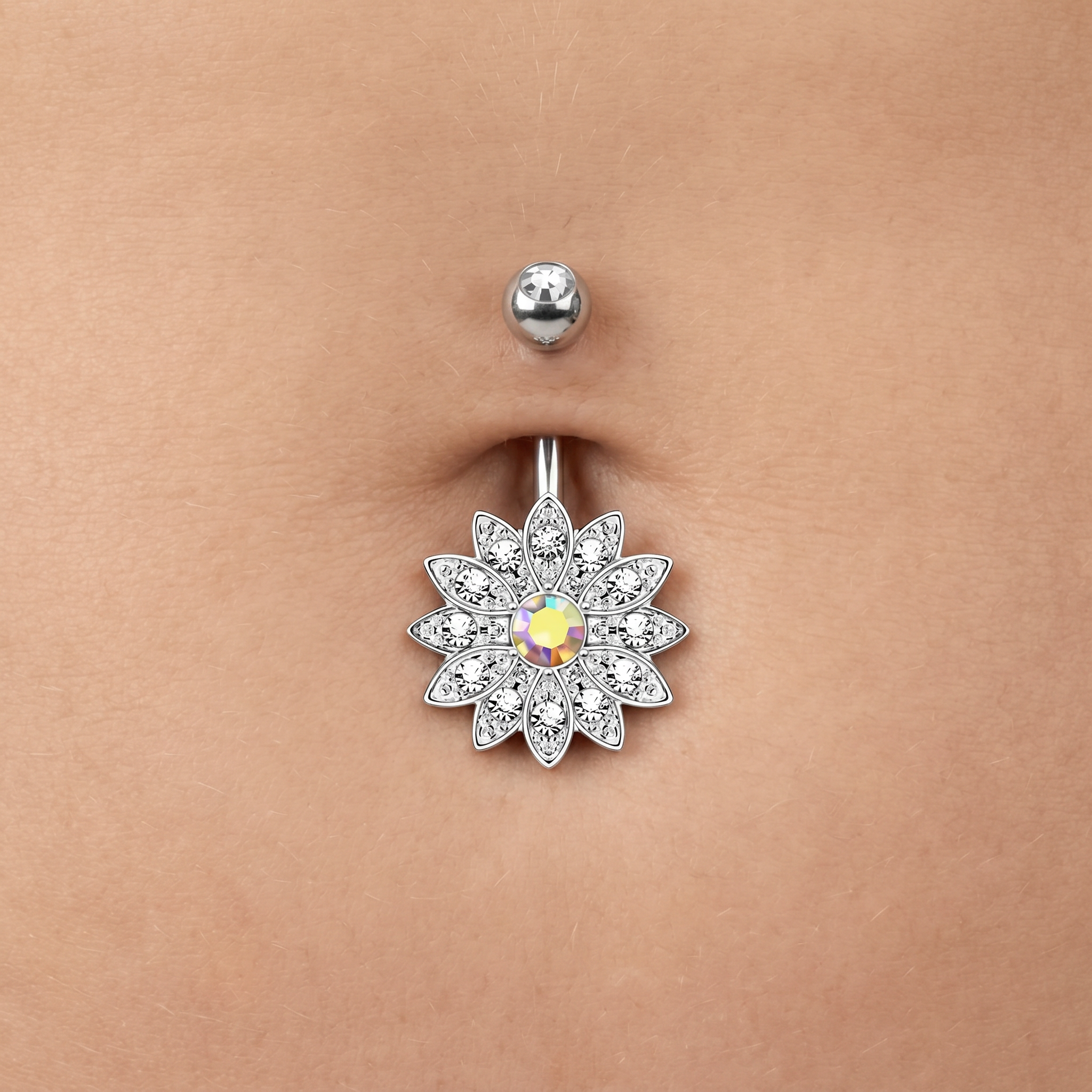 14 Gauge Aurora Flower Crystal Belly Button Bar