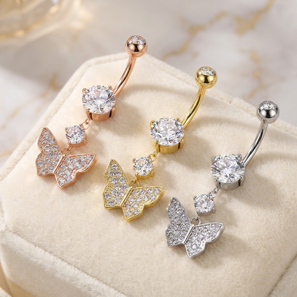 14 Gauge Crystal Butterfly Belly Button Bar