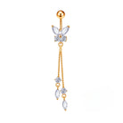 Gold belly button ring with butterfly and gemstone design on a white background