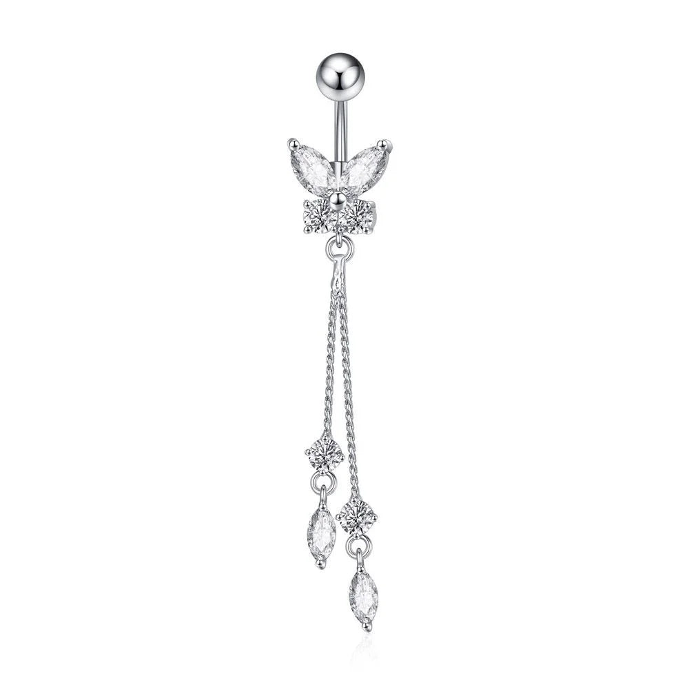 A silver-toned belly button ring featuring a butterfly motif adorned with clear crystals, with three dangling chain charms also embellished with clear stones, set against a plain white background.