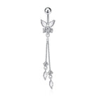 A silver-toned belly button ring featuring a butterfly motif adorned with clear crystals, with three dangling chain charms also embellished with clear stones, set against a plain white background.