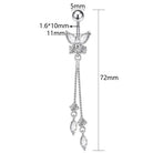 Butterfly-shaped earring with chain and measurements on a white background