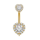 A gold-plated belly button ring featuring two heart-shaped halos set with clear round-cut gemstones, suspended from a straight bar, shown on a plain white background.