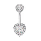 A silver-toned belly button ring featuring a double-heart design, with clear cubic zirconia stones surrounding heart-shaped settings on both ends, shown against a plain white background.