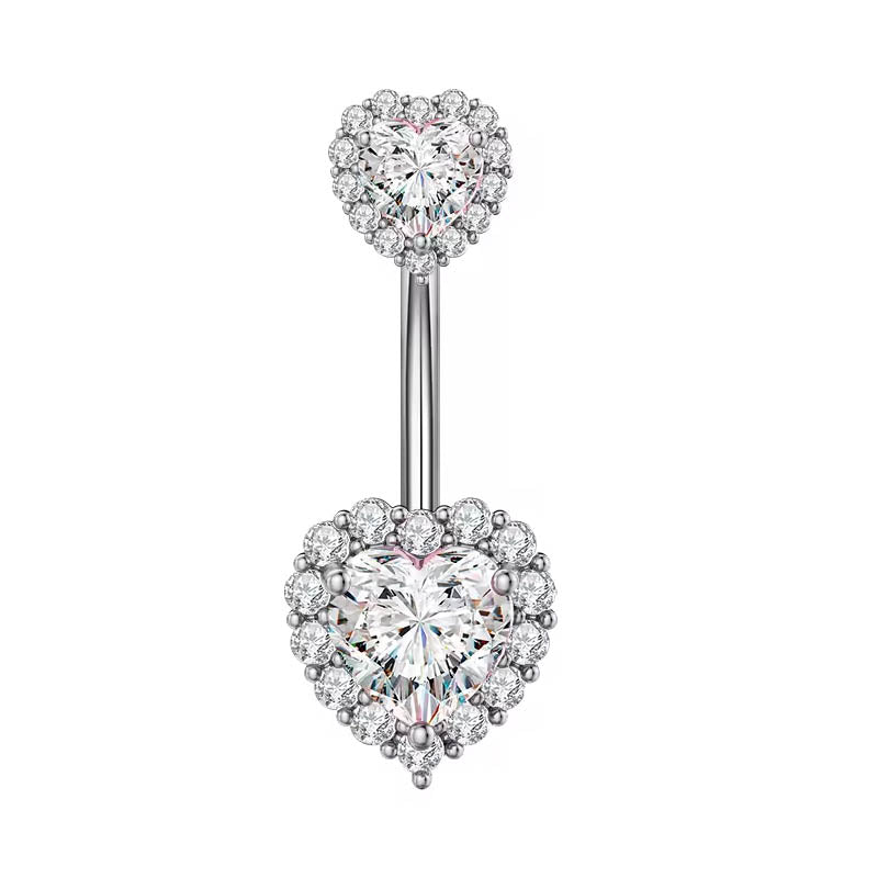 A silver-toned belly button ring featuring a double-heart design, with clear cubic zirconia stones surrounding heart-shaped settings on both ends, shown against a plain white background.