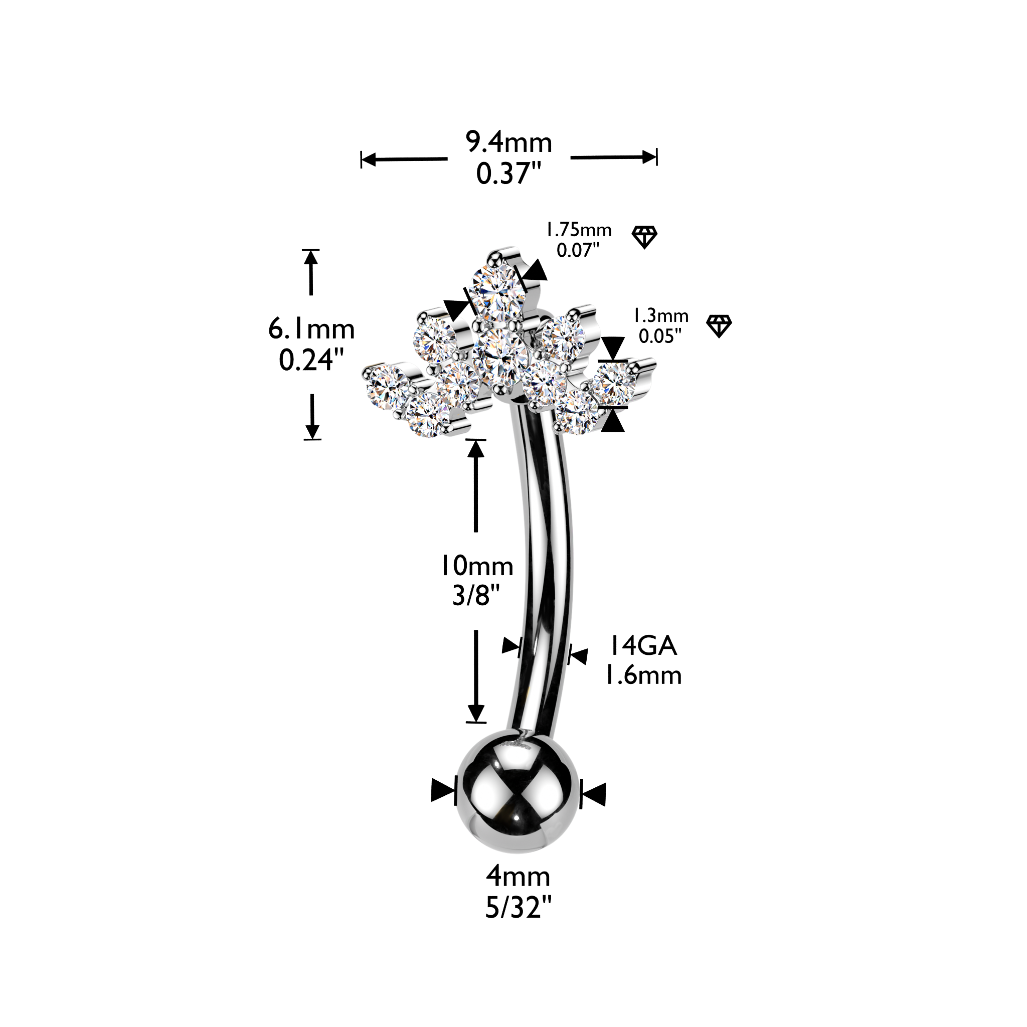 14 Gauge Crystal Cluster Reverse Belly Button Bar