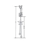 Silver-toned dangle earring with floral and butterfly motifs, shown with dimension annotations including 5mm, 10mm, 36mm, and 59mm on a white background.