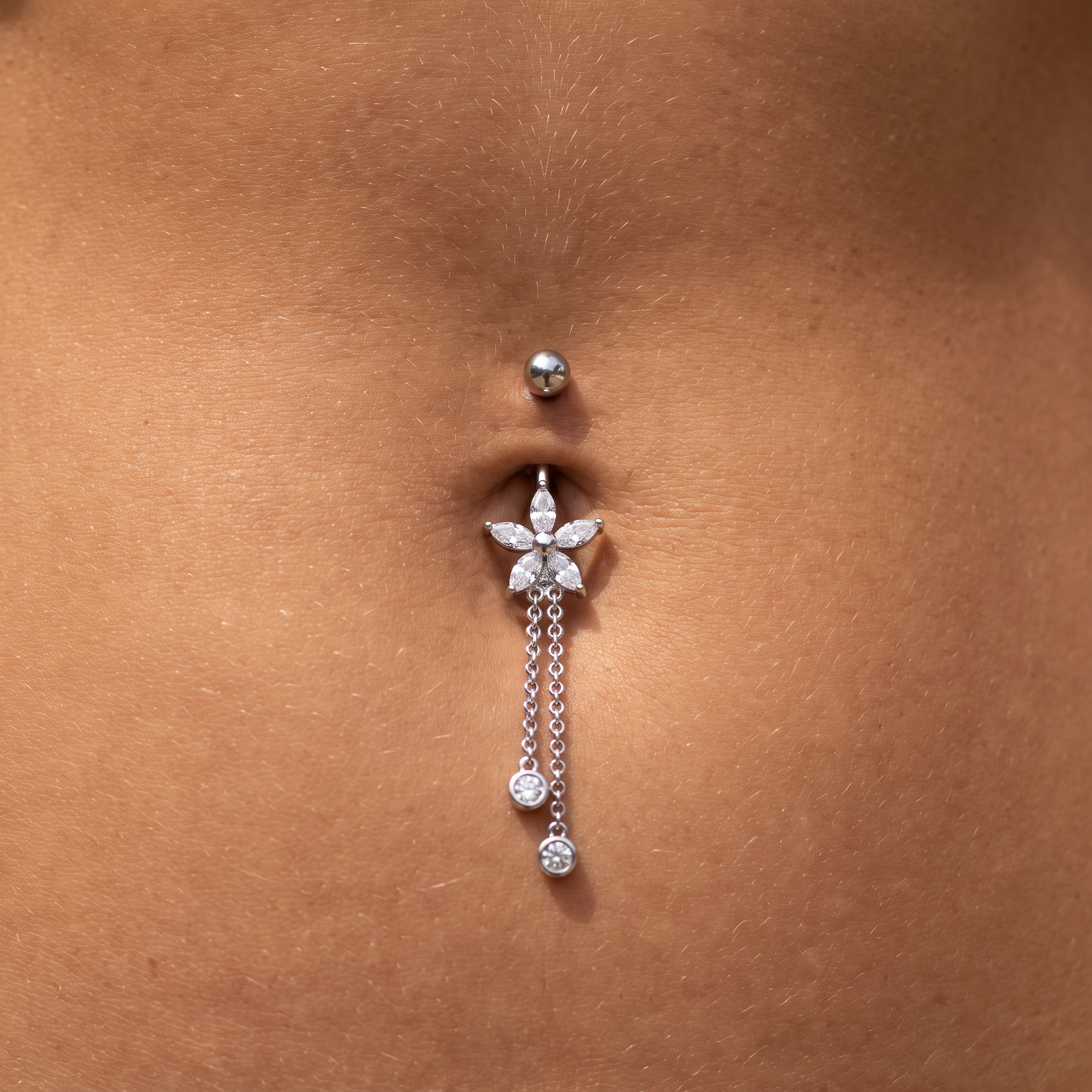 14 Gauge Crystal Flower & Dangling Chains Belly Bar