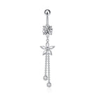 A silver-toned belly button ring featuring a floral stud, a dangling flower charm, and three beaded chains ending with small round clear stones, shown on a plain white background.
