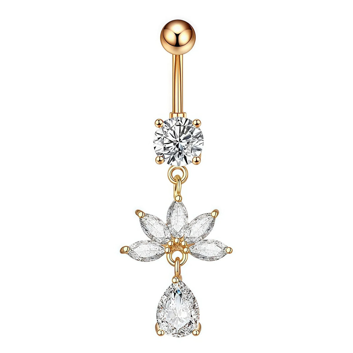 A gold-plated belly button ring featuring a round ball at the top, a clear round gemstone, a flower-shaped cluster of clear gemstones, and a teardrop-shaped clear gemstone dangling at the bottom, shown on a plain white background.