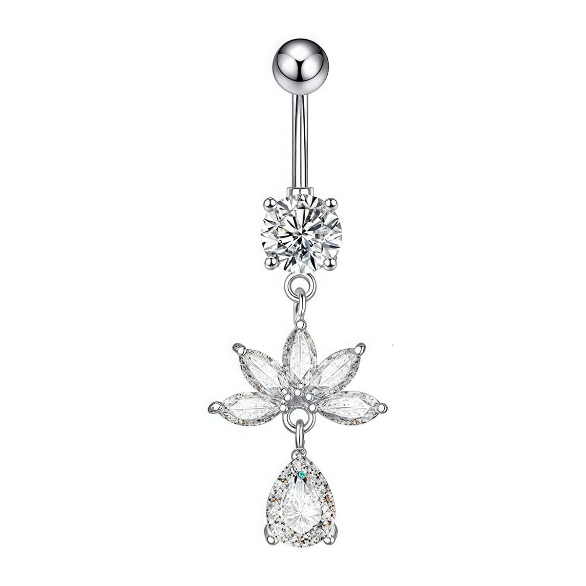 A silver-toned belly button ring featuring a ball barbell, a snowflake-shaped crystal cluster, a flower-shaped crystal charm, and a teardrop crystal drop on a plain white background.