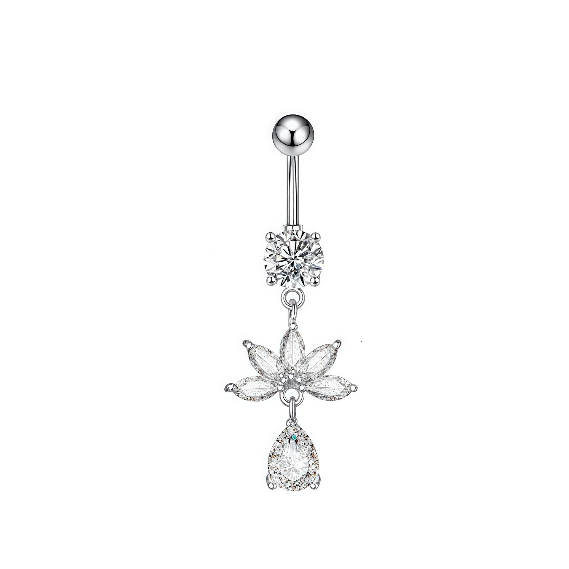 A silver-toned belly button ring featuring a ball barbell, a snowflake-shaped crystal cluster, a flower-shaped crystal charm, and a teardrop crystal drop on a plain white background.