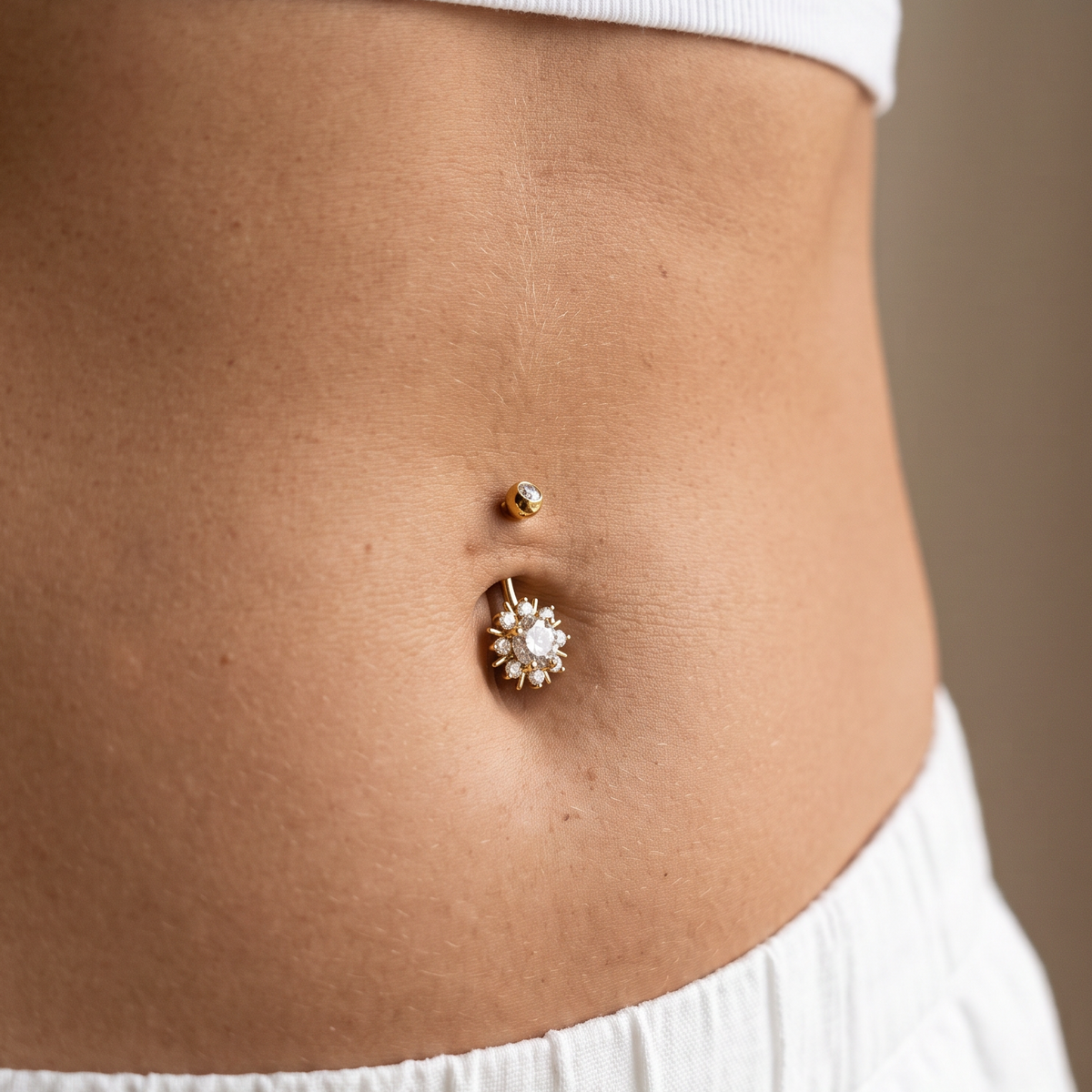 14 Gauge Crystal Sunburst Belly Bar worn by model