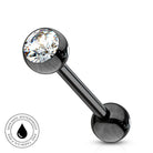 A black barbell piercing stud with a faceted clear crystal on one end and a brushed black ball on the other, shown on a white background with a circular 'Skin Safe Waterproof' badge in the lower left.
