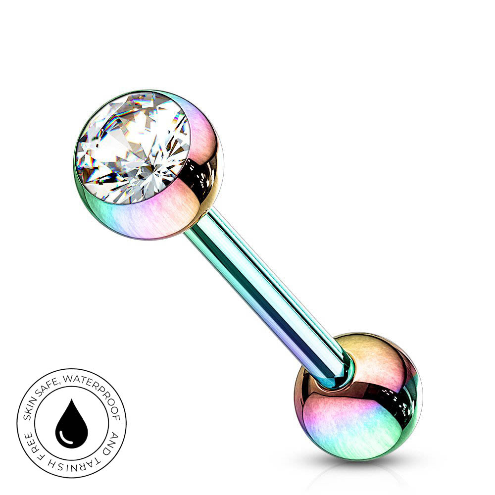 An iridescent rainbow barbell piercing stud with a clear faceted crystal on one end and a metallic ball on the other, shown on a white background with a circular 'Skin Safe Waterproof' badge in the lower-left corner.