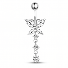 A silver-toned belly button ring featuring a butterfly motif with clear rhinestones, three dangling clear rhinestone clusters, and a round ball end, shown on a plain white background.