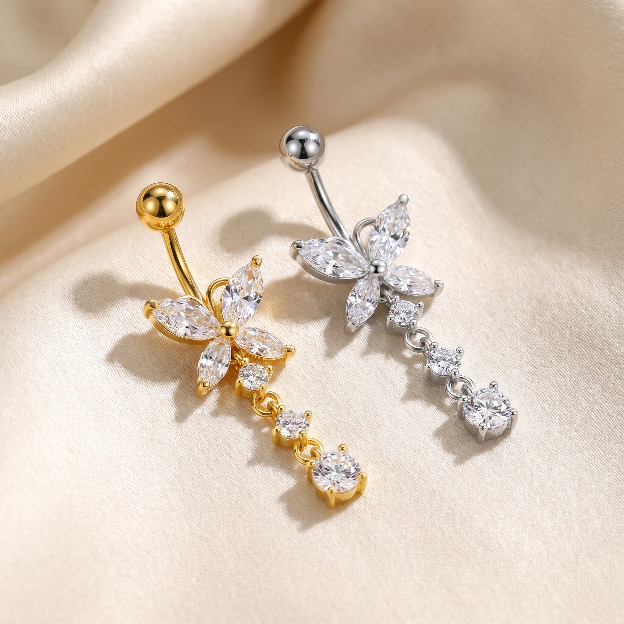 14 Gauge Dangling Crystal Flower Belly Bar
