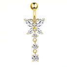 Gold-plated belly button ring with a butterfly and dangling crystal charms on a white background.