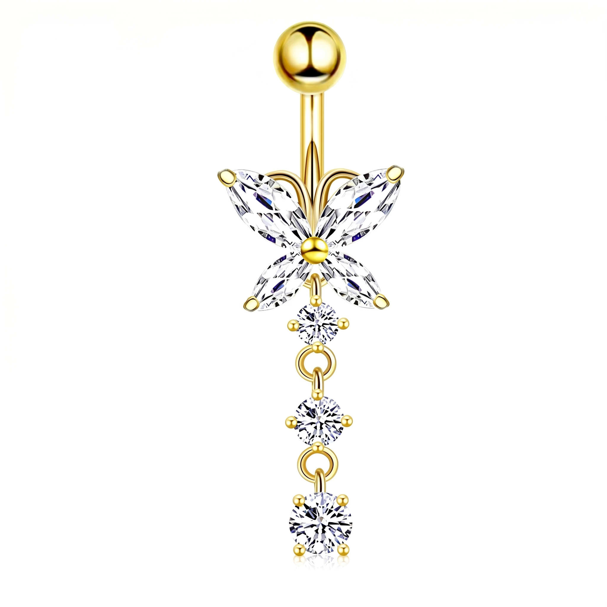 Gold-plated belly button ring with a butterfly and dangling crystal charms on a white background.