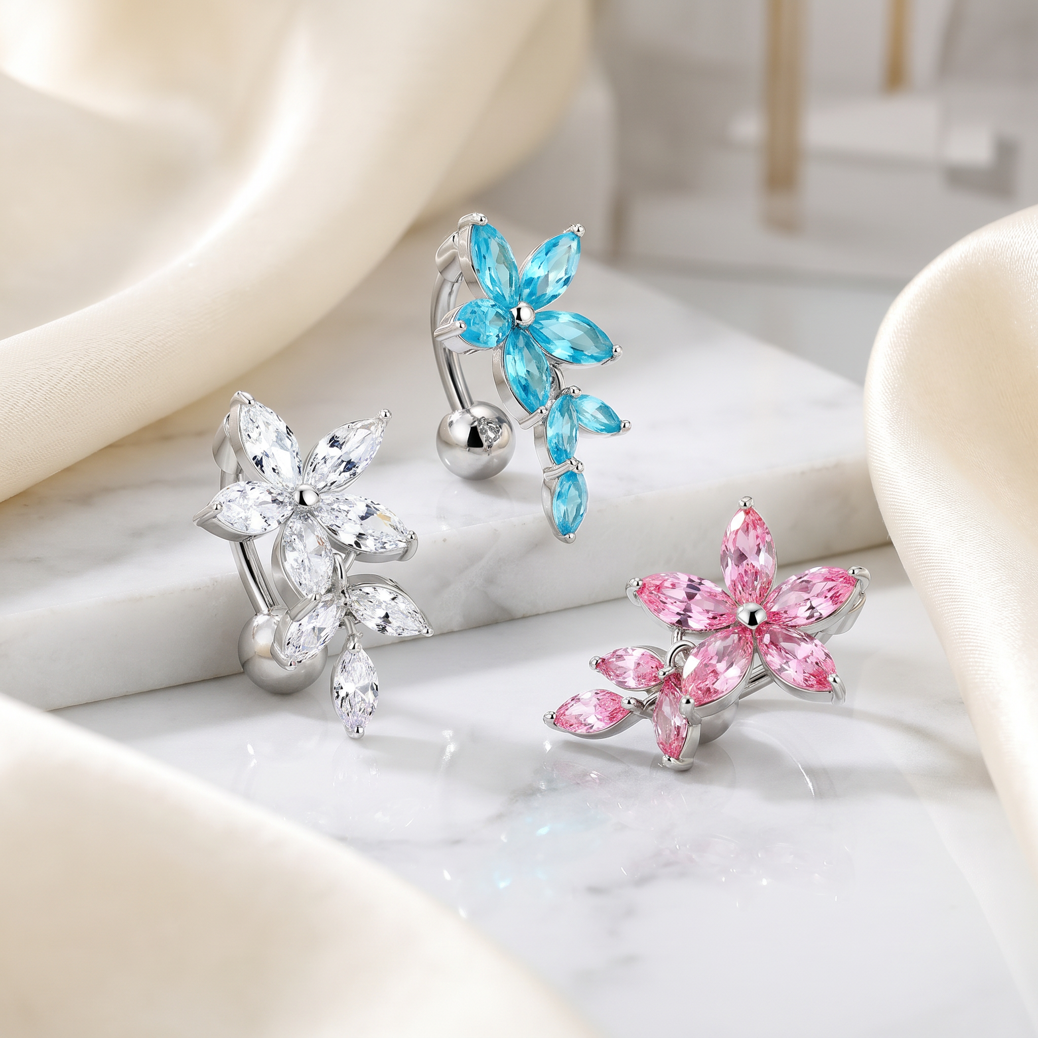 14 Gauge Dangling Crystal Flower Reverse Belly Button Bar