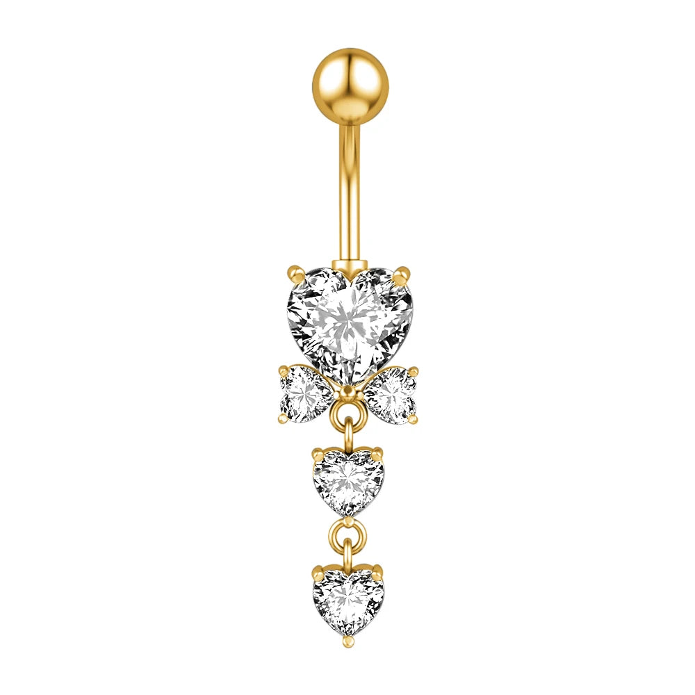Gold belly button ring with heart-shaped gemstones on a white background
