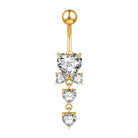 Gold belly button ring with heart-shaped gemstones on a white background