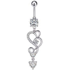 A silver-toned belly button ring featuring a vertical dangle design with three interlocking heart motifs, each adorned with clear rhinestones and a round clear stone at the top, shown on a plain white background.