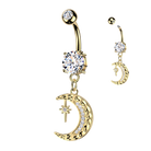 Gold belly button ring with moon and star charm on a white background