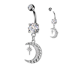 Silver belly button ring with moon and star design on a white background
