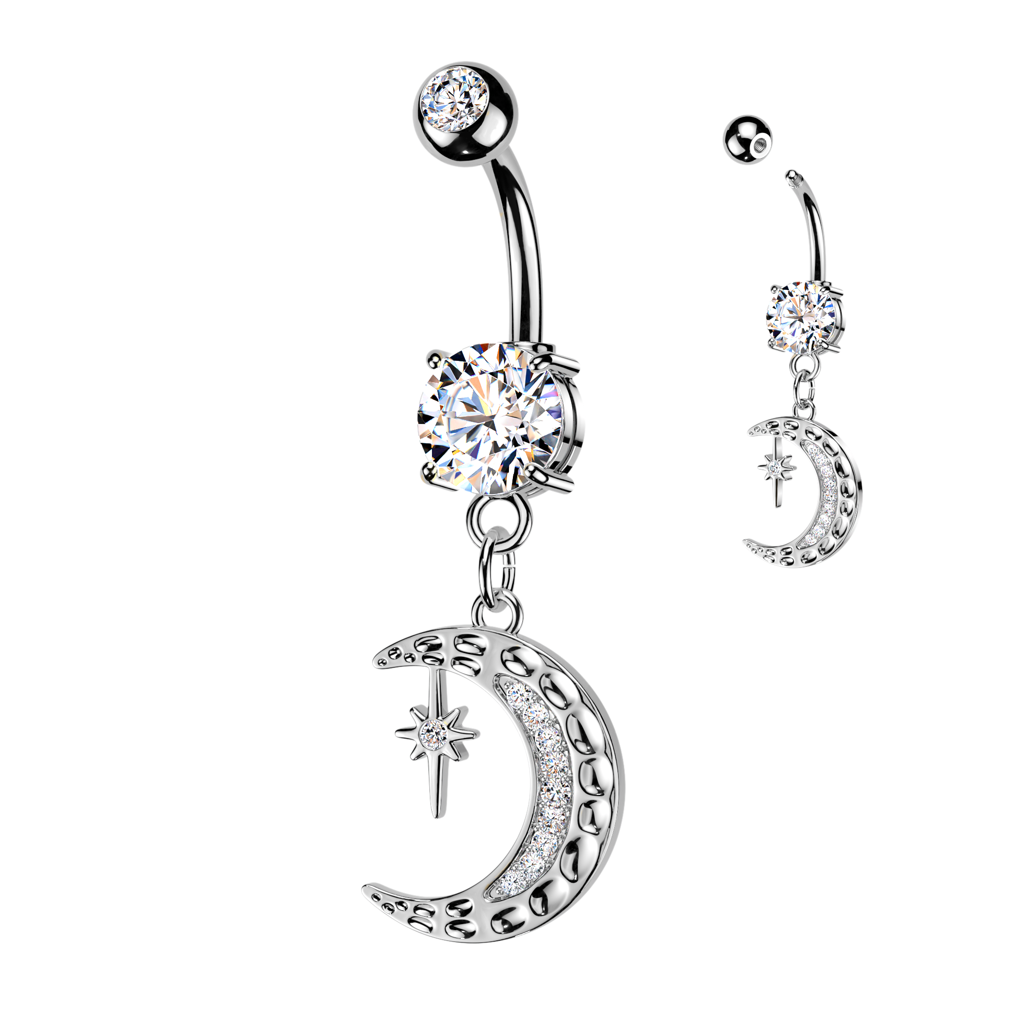 Silver belly button ring with moon and star design on a white background