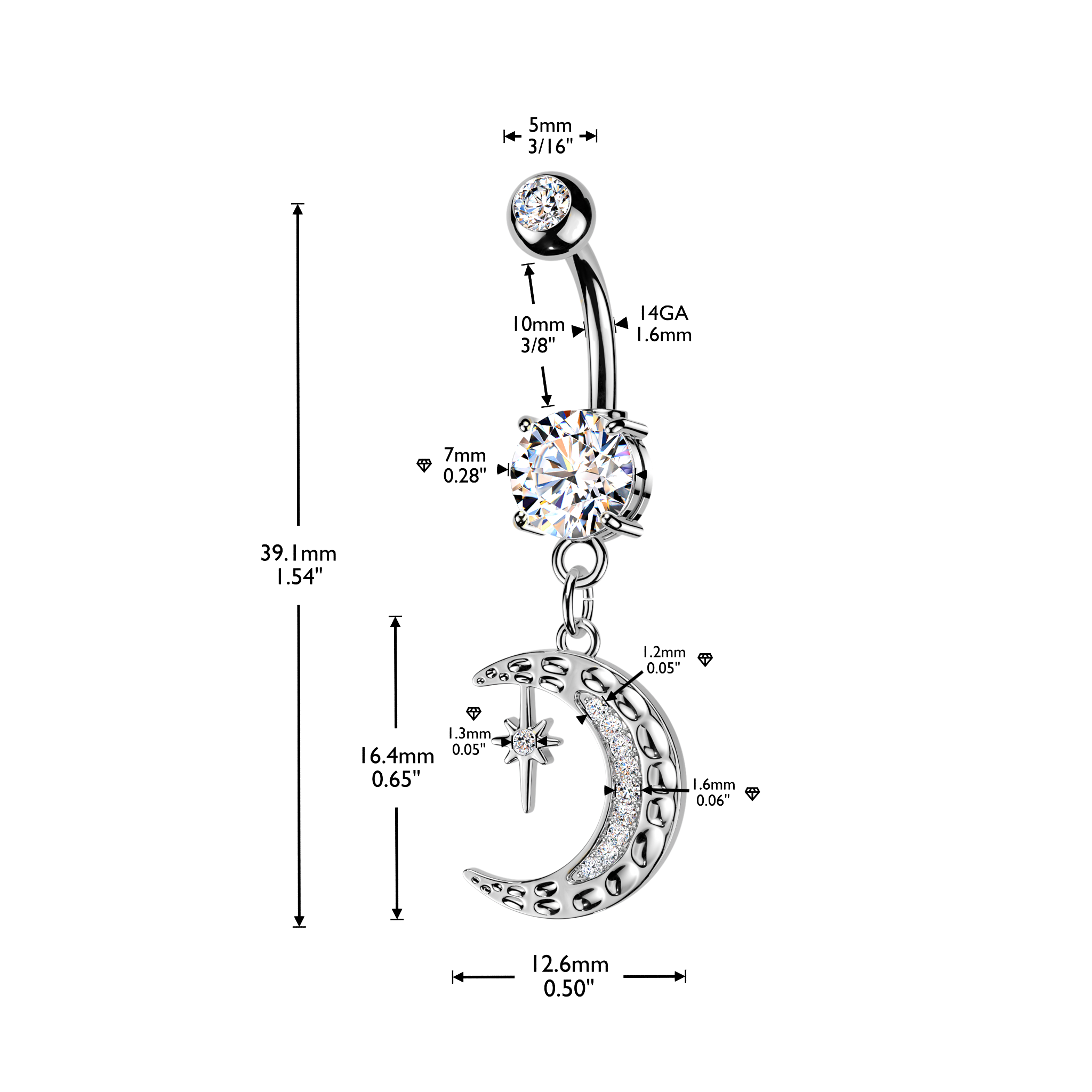 14 Gauge Dangling Crystal Moon Belly Bar