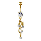 A silver-toned belly button ring featuring a ball top, a round bezel-set clear stone, a dangling open heart design, and a bottom round clear stone, shown on a plain white background.