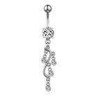 A silver-toned belly button ring with a curved drop design, featuring a round clear crystal at the top and five smaller clear crystals arranged along a wavy line below, set against a plain white background.