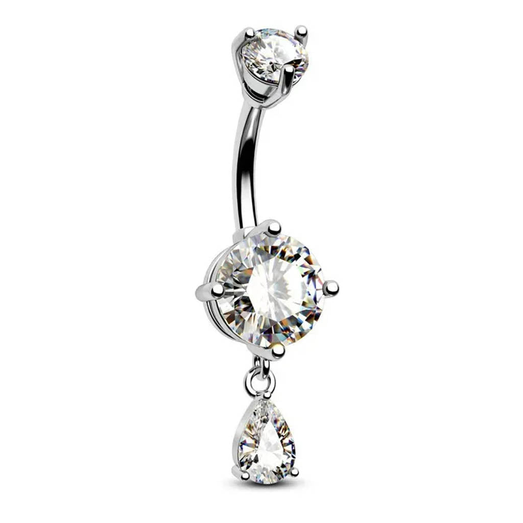 A silver-toned curved barbell belly button ring with three clear round-cut gemstones, including a teardrop-shaped dangling stone at the bottom, shown on a plain white background.