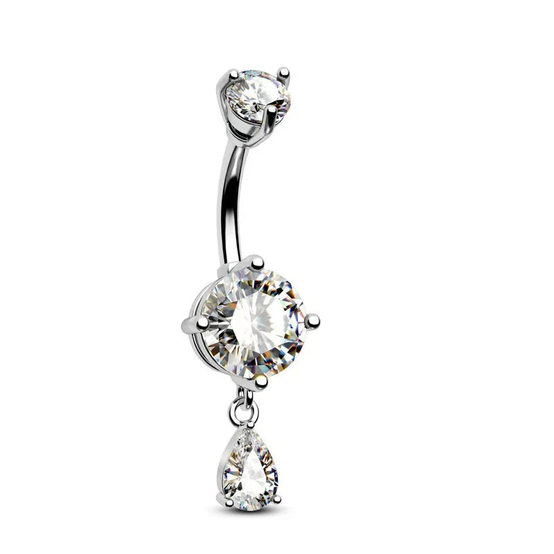 Belly button ring with three clear gemstones on a white background