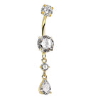 A gold-plated curved barbell belly button ring featuring three dangling clear faceted gemstones in prong settings, shown against a solid white background.